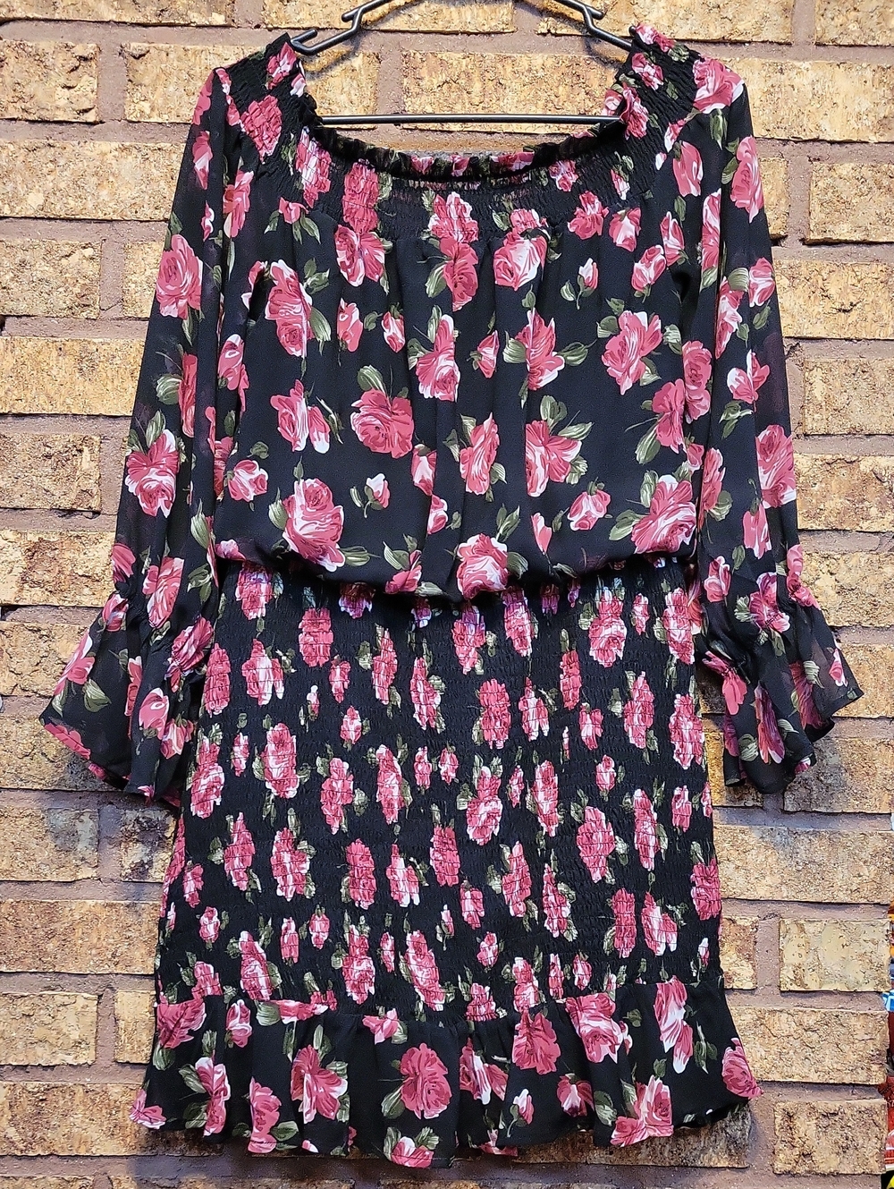 Lulu's Black Floral Off-Shoulder Smocked Mini Dress Side Medium Romantic